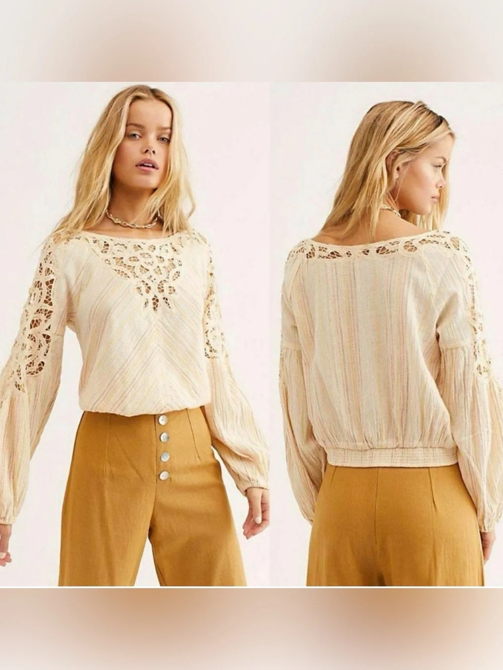 Free People Floating Memories Blouse Retro Crochet Lace Ivory size L Boho